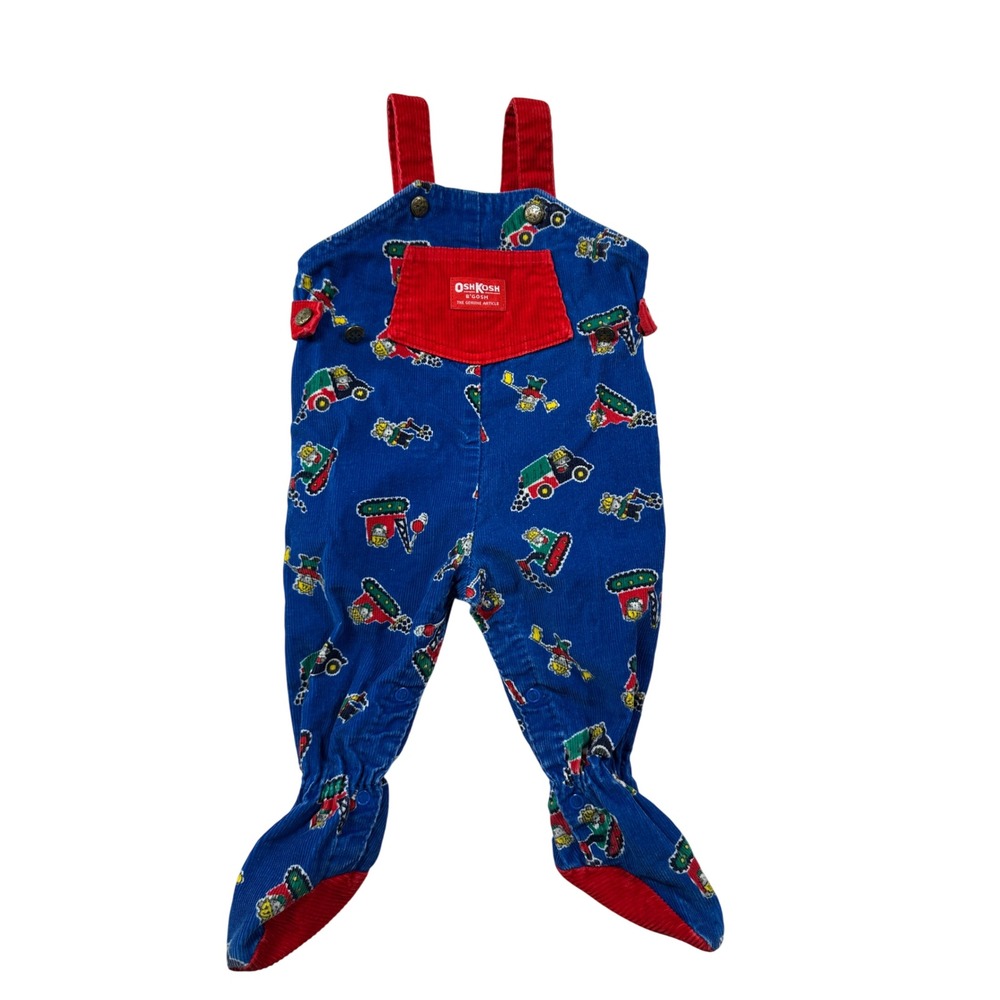 Vintage OshKosh Bgosh Blue Corduroy Construction Truck Footed‎ Overalls 6/9M USA